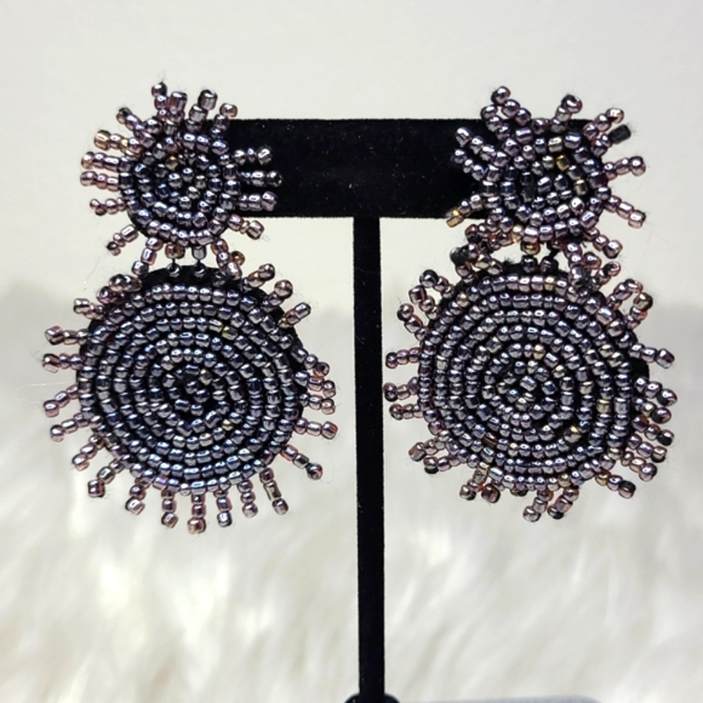 Statement Earrings Lightweight Starburst Gray Beaded Round Eclectic Unique Funky